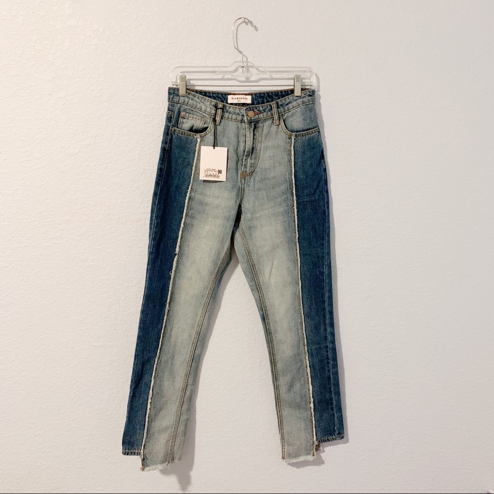 NWT Two Tone Glamorous Mom Jeans Frayed Cuffs